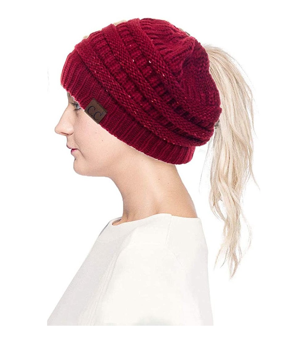 Skullies & Beanies Women Knitted Sparkle Sequin Soft Skull Cap Ponytail Messy Bun Beanie - Red - CF18IC8HNMW $15.66