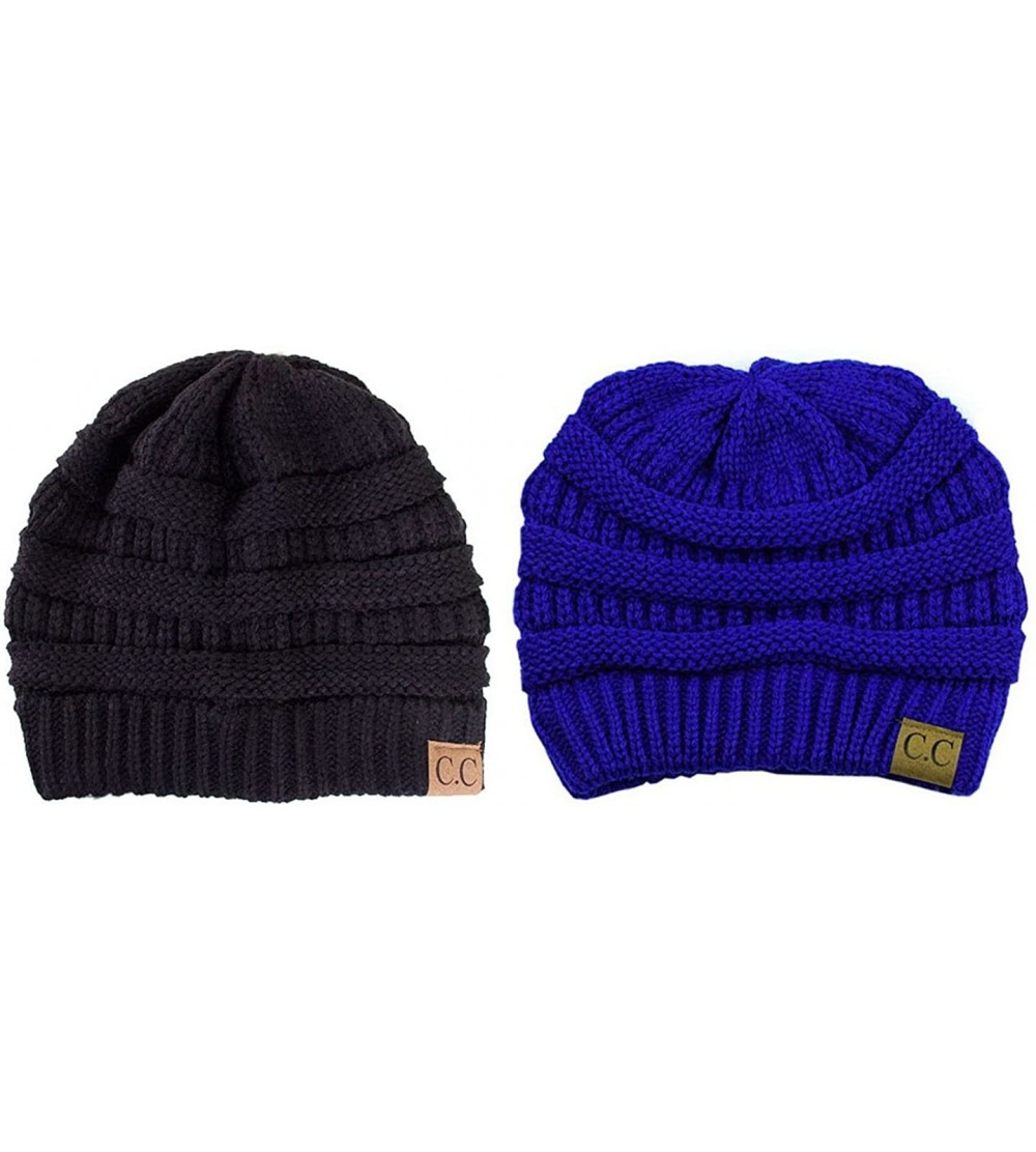 Skullies & Beanies Trendy Warm Chunky Soft Stretch Cable Knit Beanie Skull Cap - 2 Pack Black/Royal Blue - CB12N8NWTP6 $15.67