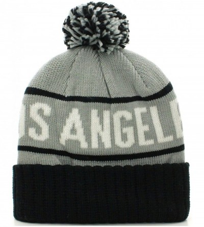 Skullies & Beanies Los Angeles California Cuff Beanie Cable Knit Pom Pom Hat Cap - Gray Black - CO11OMVZZJL $11.98