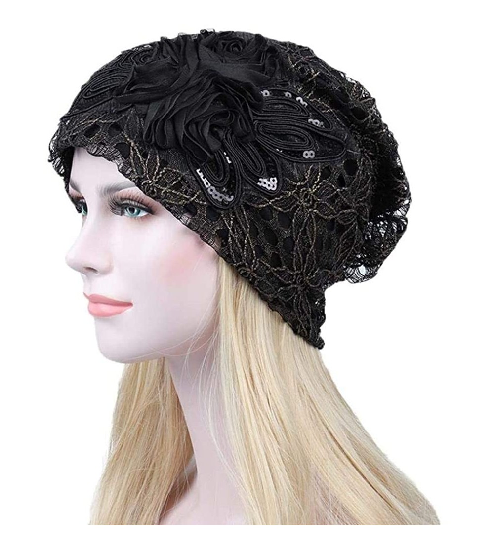 Skullies & Beanies Womens Hat Winter- Women Floral Lace Flower Slouchy Baggy Head Cap Beanie Hat - Black - CW188U7KSKU $9.70