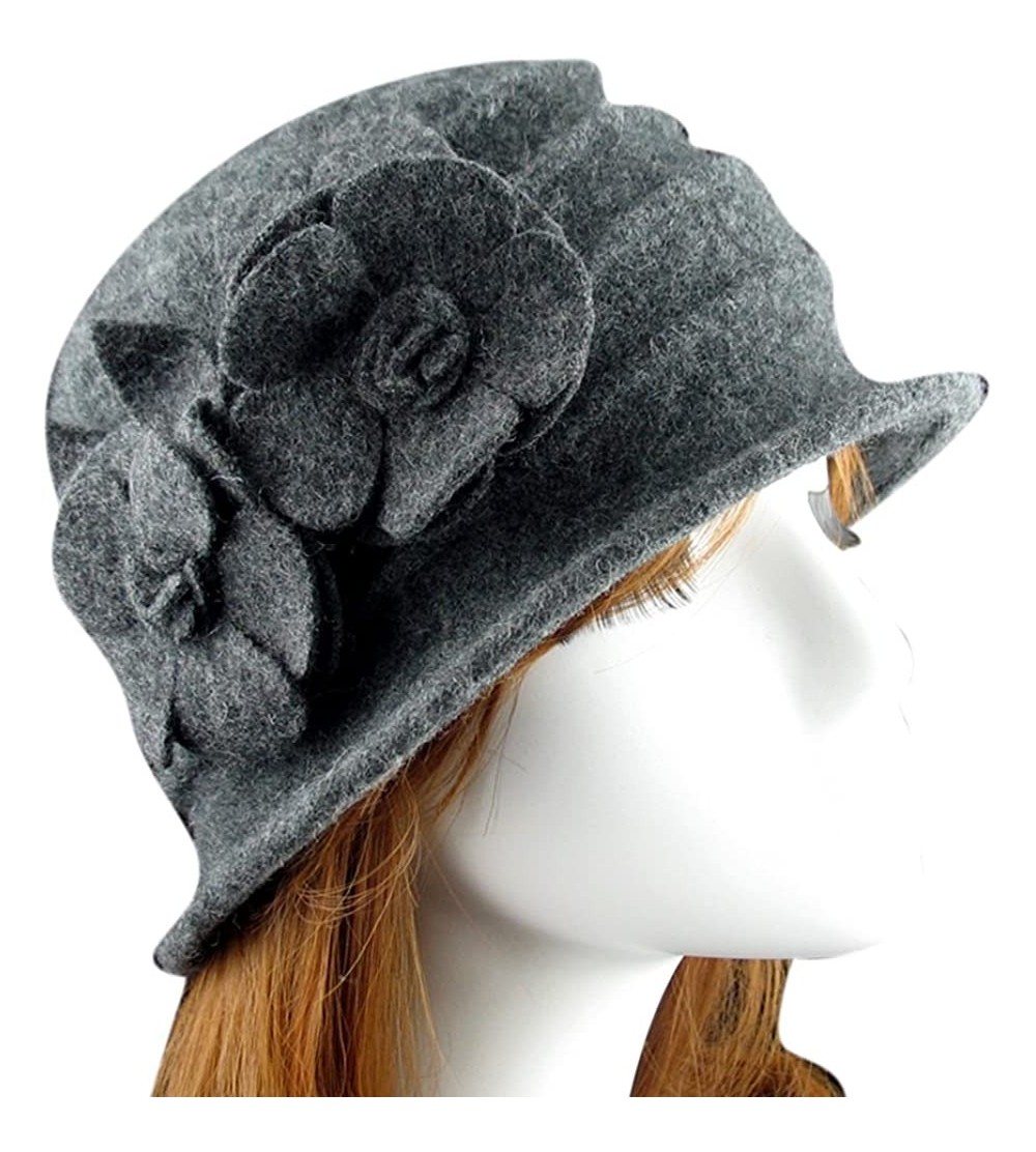 Skullies & Beanies Women 100% Wool Felt Round Top Cloche Hat Fedoras Trilby with Bow Flower - A5 Dark Grey - CR188ZZA4DN $16.84