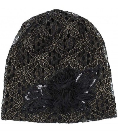 Skullies & Beanies Womens Hat Winter- Women Floral Lace Flower Slouchy Baggy Head Cap Beanie Hat - Black - CW188U7KSKU $9.70