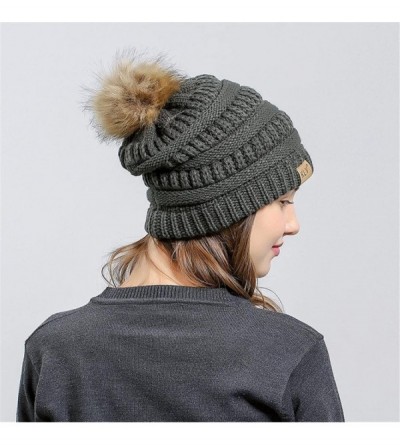 Skullies & Beanies Men Women Winter Warm Knitting Beanie Hat Faux Fur Pom Pom Crochet Ski Caps - Army Green - CM18GEDYY6T $9.43