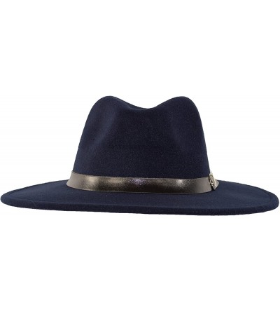 Fedoras Wide Brimmed Gangster Fedora w/Buckle Hatband- Large Felt Flat Brim Panama Hat - Navy Blue - CC185UDEMMO $19.14