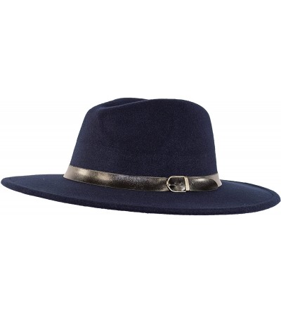 Fedoras Wide Brimmed Gangster Fedora w/Buckle Hatband- Large Felt Flat Brim Panama Hat - Navy Blue - CC185UDEMMO $19.14