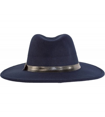 Fedoras Wide Brimmed Gangster Fedora w/Buckle Hatband- Large Felt Flat Brim Panama Hat - Navy Blue - CC185UDEMMO $19.14