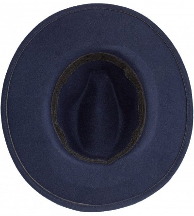 Fedoras Wide Brimmed Gangster Fedora w/Buckle Hatband- Large Felt Flat Brim Panama Hat - Navy Blue - CC185UDEMMO $19.14