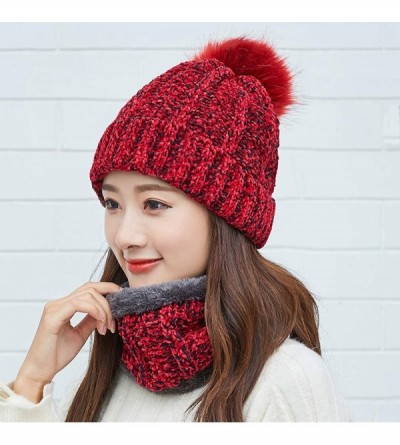 Skullies & Beanies Women's Winter Hat and Scarf Set Knit Beanie Hats Warm Snow Skull Caps - Red - CL18KWCKYKE $15.12