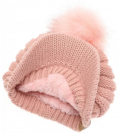 Skullies & Beanies Women's Soft Warm Ribbed Knit Visor Brim Pom Pom Beanie Hat with Plush Lining - Blush - CF18WDNI3QA $11.70