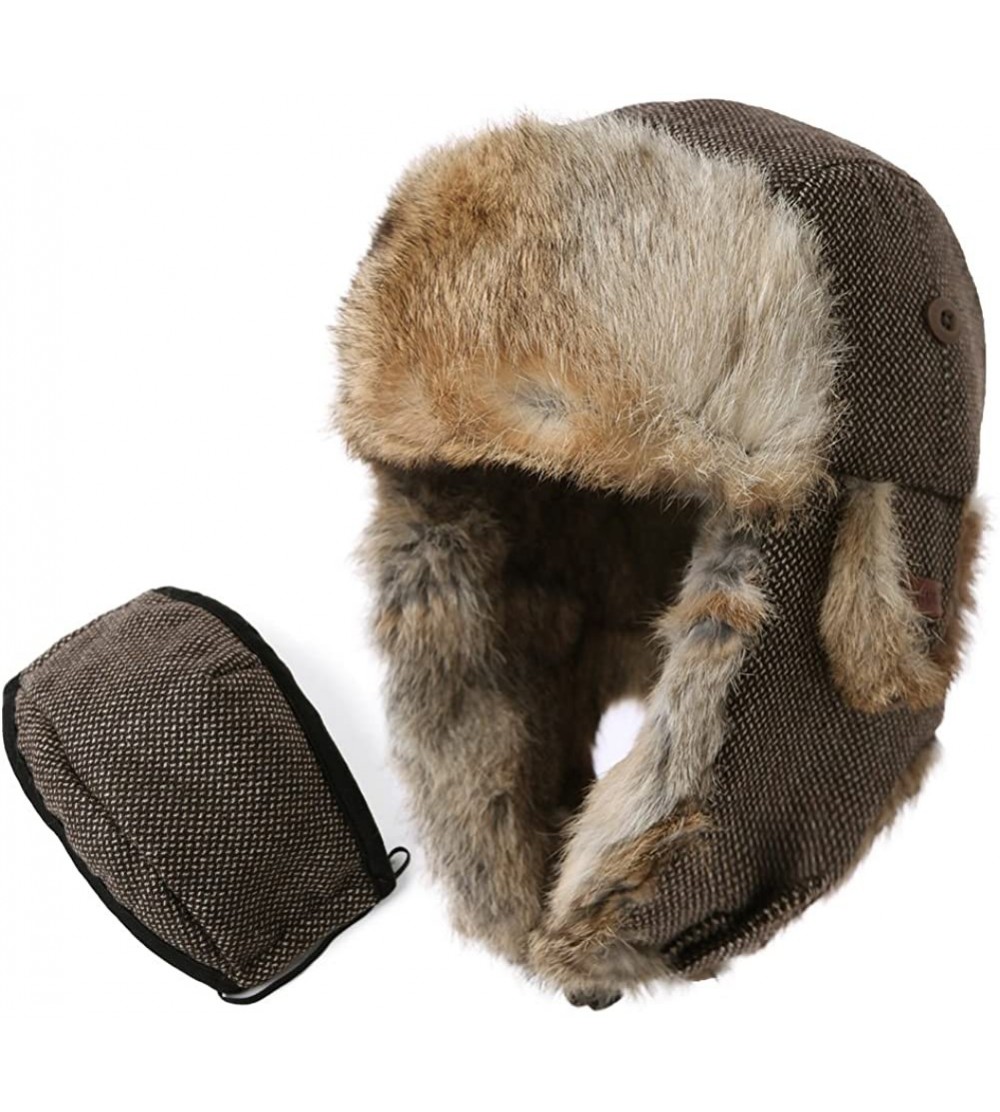 Bomber Hats 100% Rabbit Fur Winter Hats for Men Womens Warm Ushanka Russian Trapper Hat Outdoor Hunting Ski - 89098coffee - C...