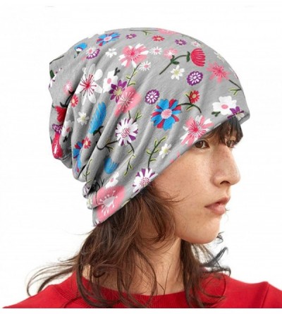 Skullies & Beanies Printed Beanie Chemo Hat Slouchy Cotton Stretch Turban Scarf - Flowers Grey - CY196TW852X $8.94