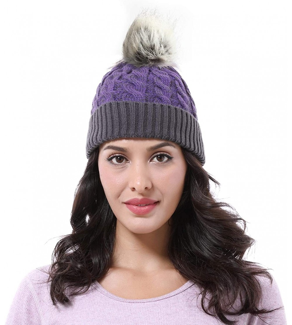 Skullies & Beanies Cable Knit Beanie Warm Faux Fuzzy Fur Pom Pom Skull Ski Cap for Men- Women - Purple - C218L6D4OOL $10.81