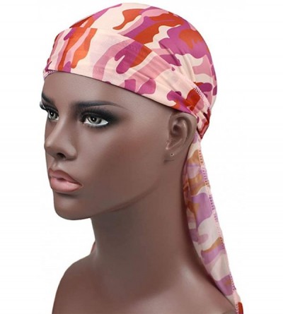 Skullies & Beanies Silky Durag for Men and Women- Star Floral Camouflage Print Long Tail Caps Headwraps Turban - Purple - C51...