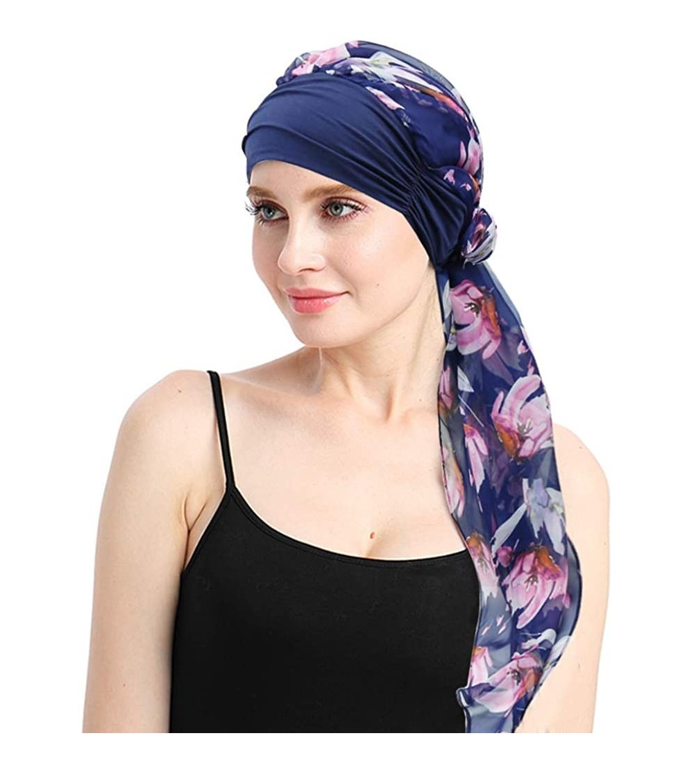 Skullies & Beanies Chemo Headwear Headwrap Scarf Cancer Caps Gifts for Hair Loss Women - Navy Pink Flower - CW18D3RRL7I $20.31