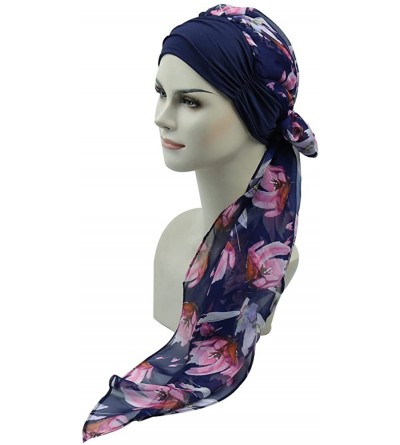 Skullies & Beanies Chemo Headwear Headwrap Scarf Cancer Caps Gifts for Hair Loss Women - Navy Pink Flower - CW18D3RRL7I $20.31