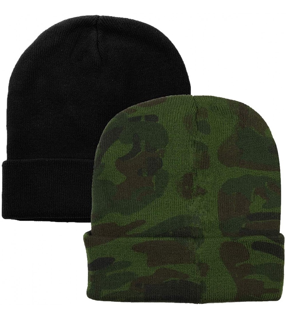 Skullies & Beanies Men Women Knitted Beanie Hat Ski Cap Plain Solid Color Warm Great for Winter - 2pcs Black & Camouflage - C...