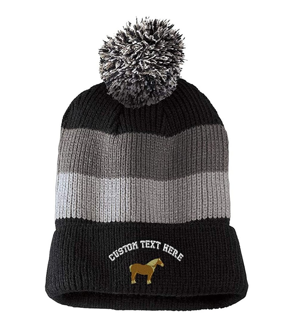 Skullies & Beanies Custom Vintage Pom Pom Beanie Belgian Draft Horse Embroidery Acrylic - Black Stripes - CY18H5MGZ48 $16.04