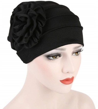 Skullies & Beanies Women's Floral Muslim Hijab Cap Solid Color Stretch Chemo Turban Hat Head Scarf - Black - C9187TELOU5 $7.21