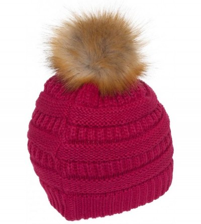 Skullies & Beanies Cable Knit Faux Fur Pom Pom Beanie Hat - Hot Pink - CL12M1RC5LX $14.00