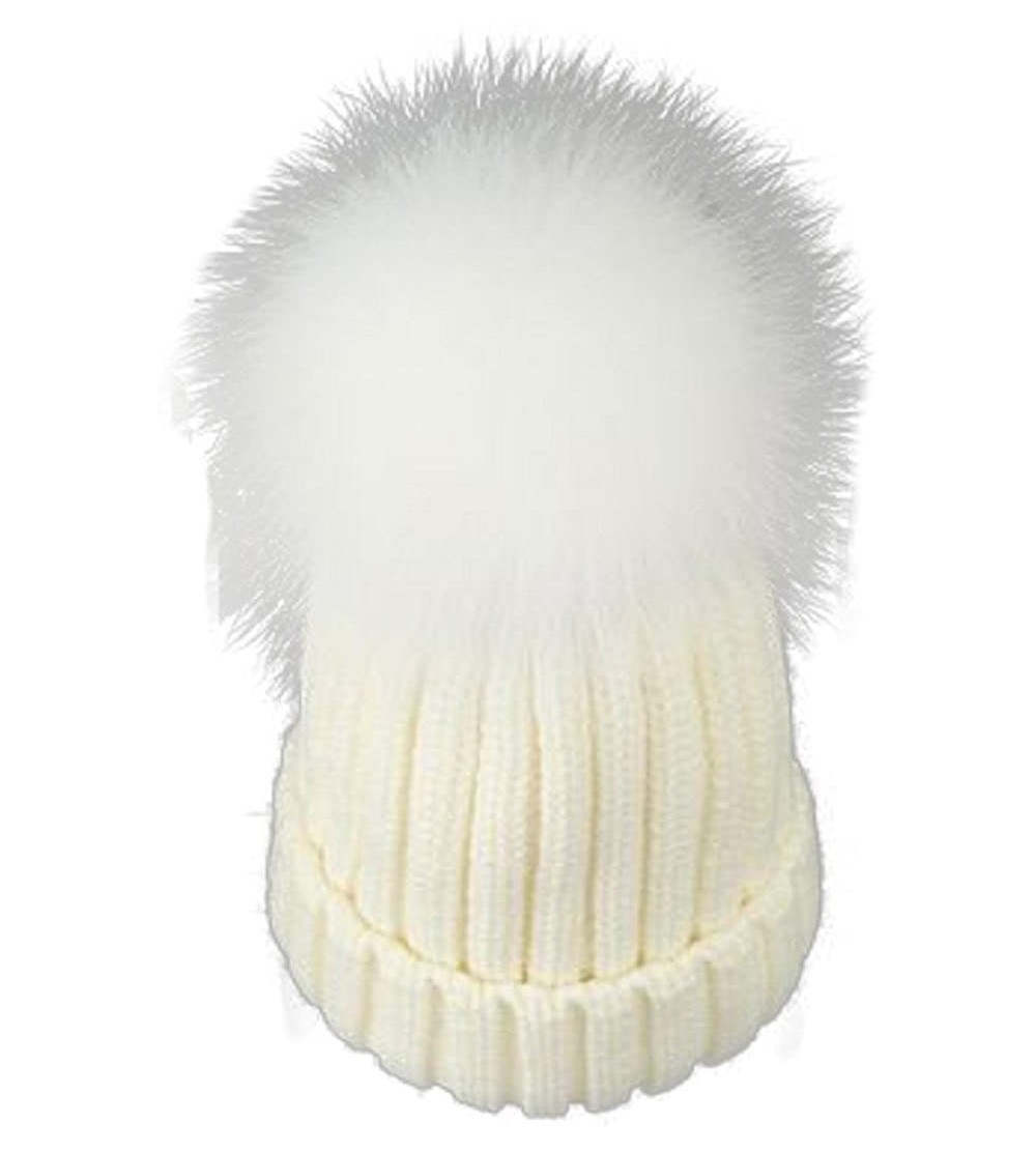 Skullies & Beanies Womens Knitted Hat Fox Fur Pom Pom Warm Slouchy Beanie Cap - White - CV188N5WGID $20.80