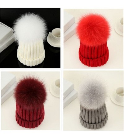 Skullies & Beanies Womens Knitted Hat Fox Fur Pom Pom Warm Slouchy Beanie Cap - White - CV188N5WGID $20.80