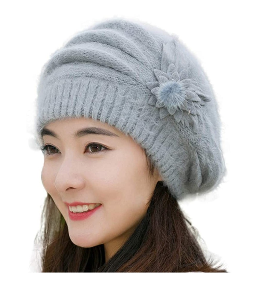 Skullies & Beanies Fashion Womens Flower Crochet Hat Winter Warm Cap Beret Knit Beanie for Women - Gray - C218L2QRXEI $7.86